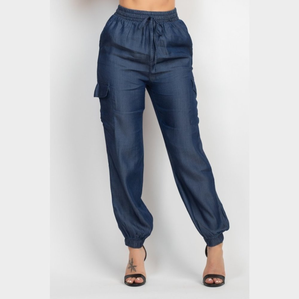Blue Denim High Waisted Cargo Jogger Pants